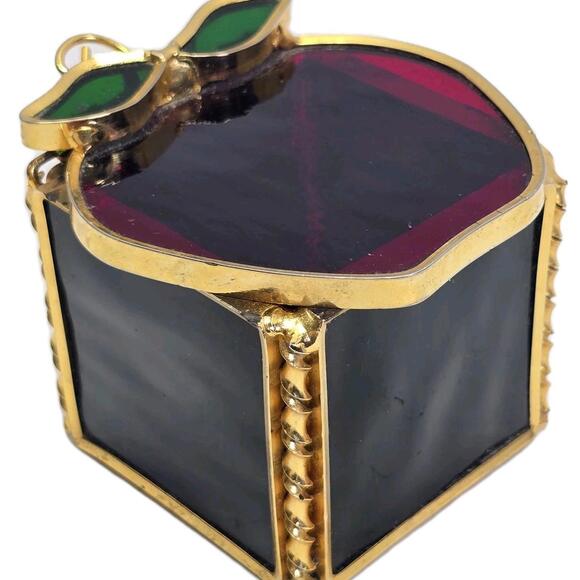 Other - Stained Glass Apple Trinket Box with Gold Trim and Hinged Lid Vintage Decor